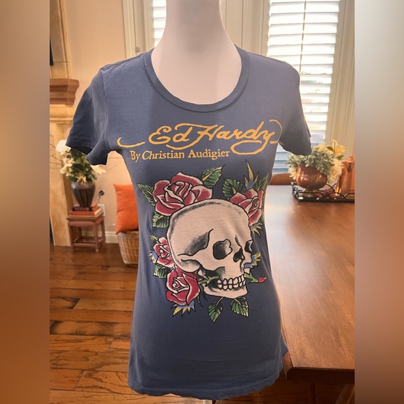 Ed Hardy Skullrose Tee by Christian Audigier, Scull and Roses.  Size S - Picture 1 of 5